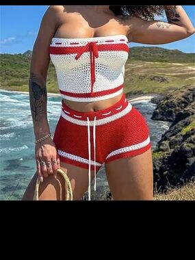Red & White Crochet High-Waist Women’s Shorts Set